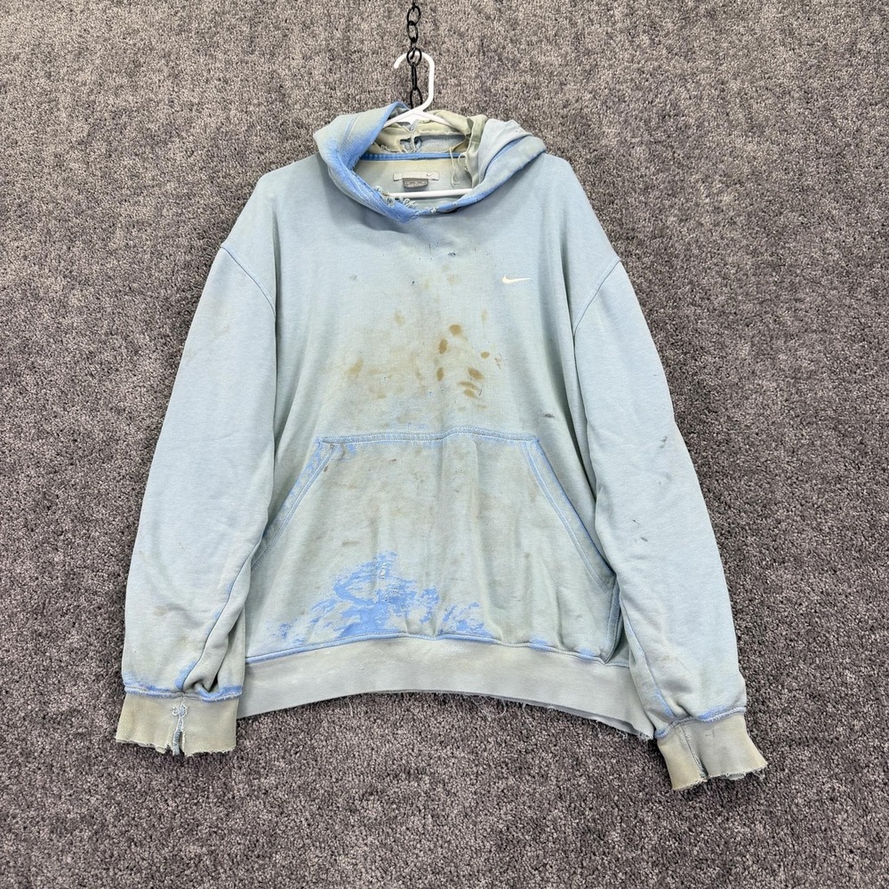 Nike Hoodie Mens XL Blue Fleece Pullover Small Swoosh Distressed Y2K
